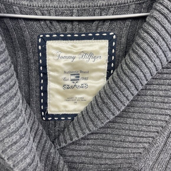 VTG Tommy Hilfiger Womens M Cable Knit Sweater Shawl Collar Neutral Grey - Picture 6 of 12